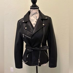 NWT BLACK LEATHER MOTO JACKET, belted. Originally from Neimen Marcus.